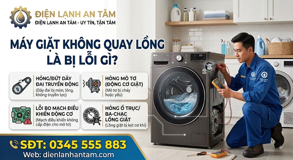 Máy giặt không quay lồng nguyên nhân và cách xử lý