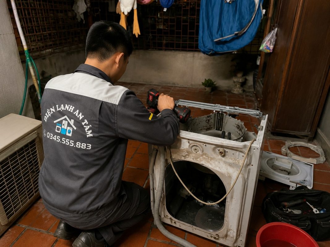 kỹ thuật đang vệ sinh máy giặt tại đống đa